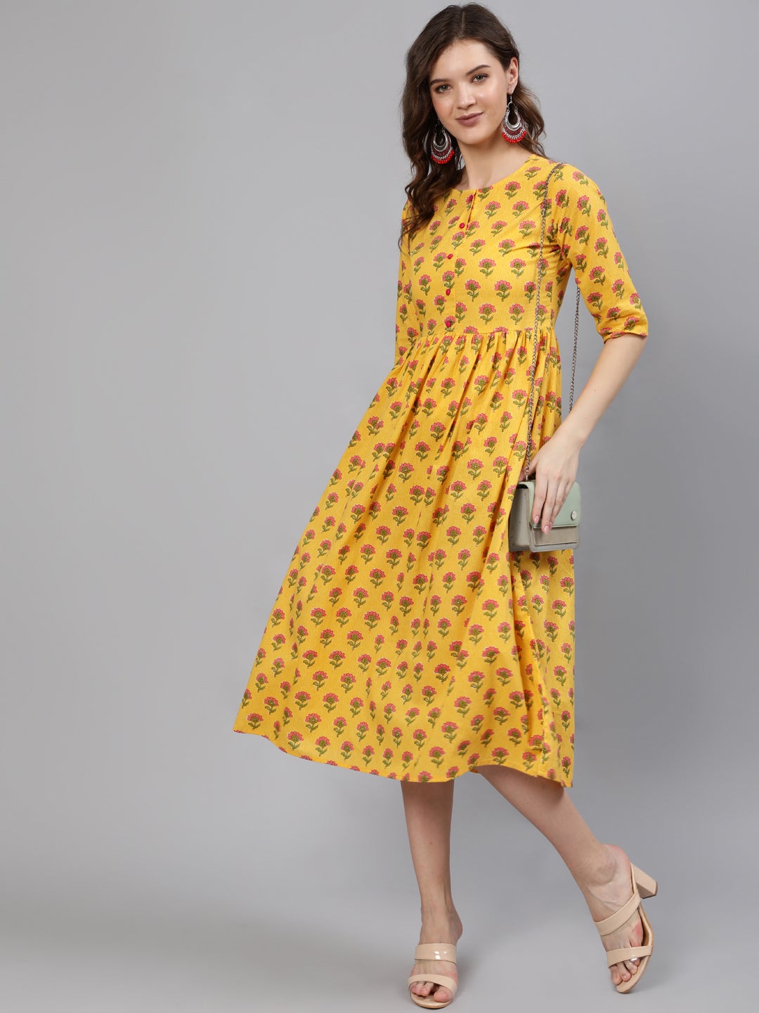 Women Yellow And Pink Ethnic Printed Midi Dress | NOZ2TOZ - Made In INDIA.