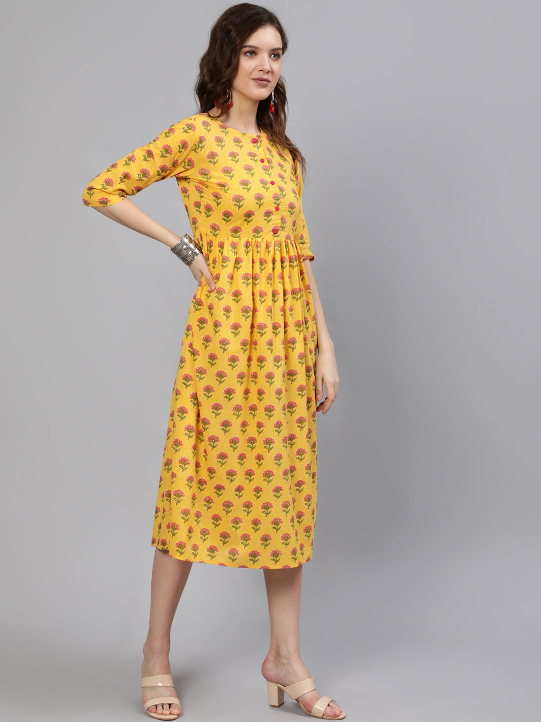 Women Yellow And Pink Ethnic Printed Midi Dress | NOZ2TOZ - Made In INDIA.