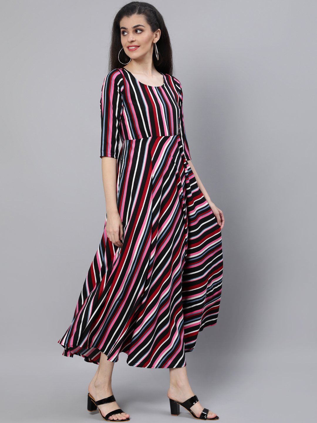 Women Black Striped Dress With Three Quarter Sleeves | NOZ2TOZ - Made In INDIA.