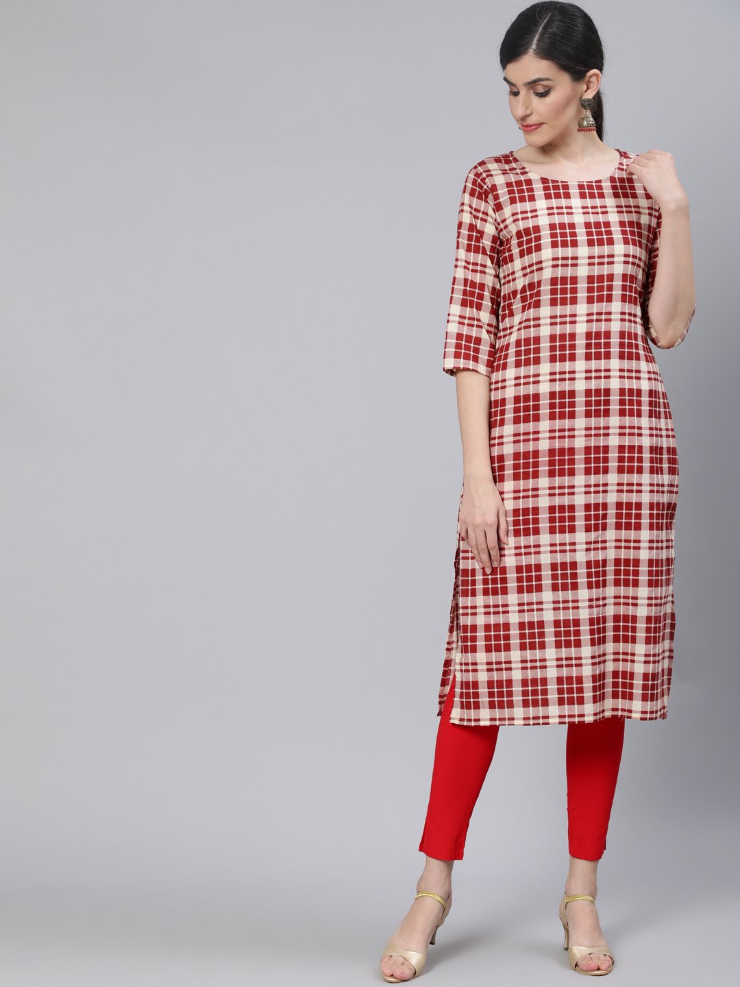 Women Cream & Red Checked Straight Kurta With Three Quarter Sleeves | NOZ2TOZ - Made In INDIA.