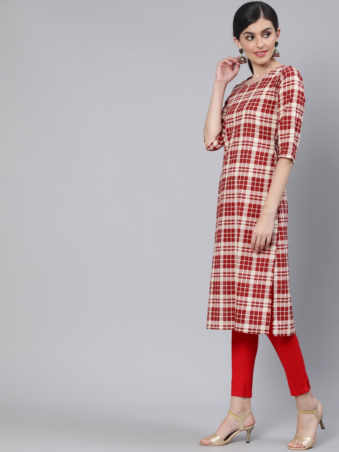 Women Cream & Red Checked Straight Kurta With Three Quarter Sleeves | NOZ2TOZ - Made In INDIA.