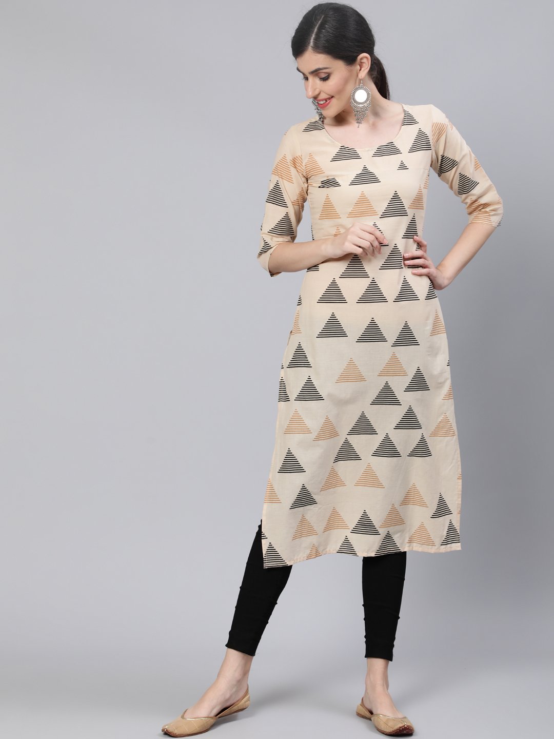 Women Beige Printed Straight Kurta With Three Quarter Sleeves | NOZ2TOZ - Made In INDIA.