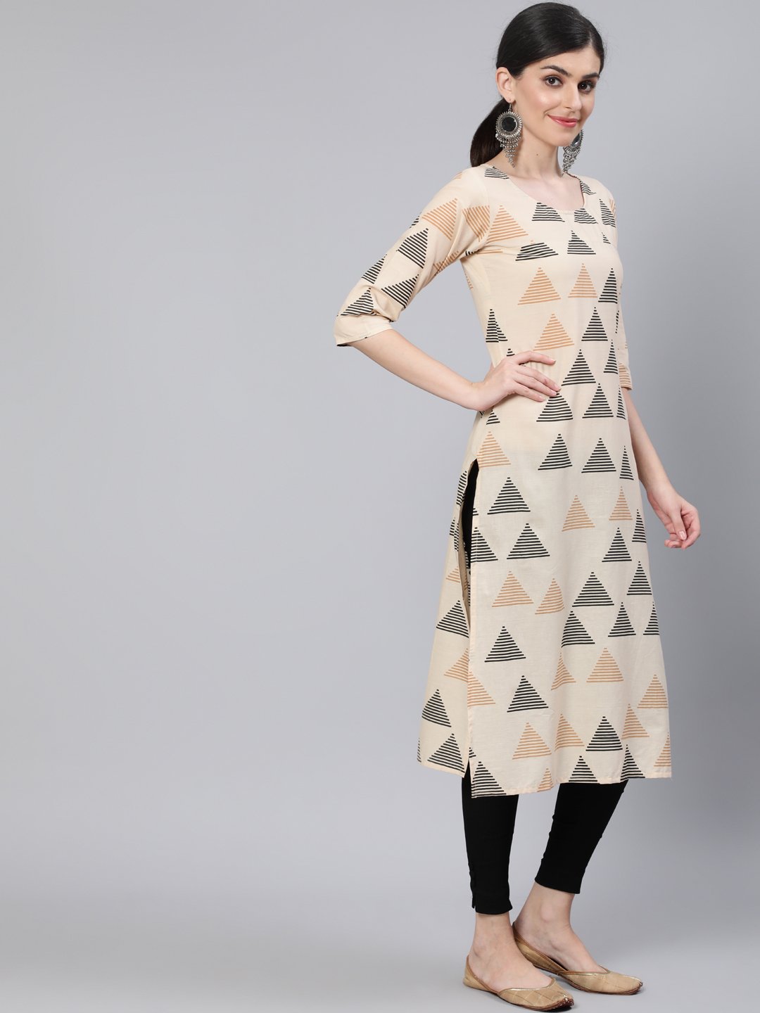 Women Beige Printed Straight Kurta With Three Quarter Sleeves | NOZ2TOZ - Made In INDIA.