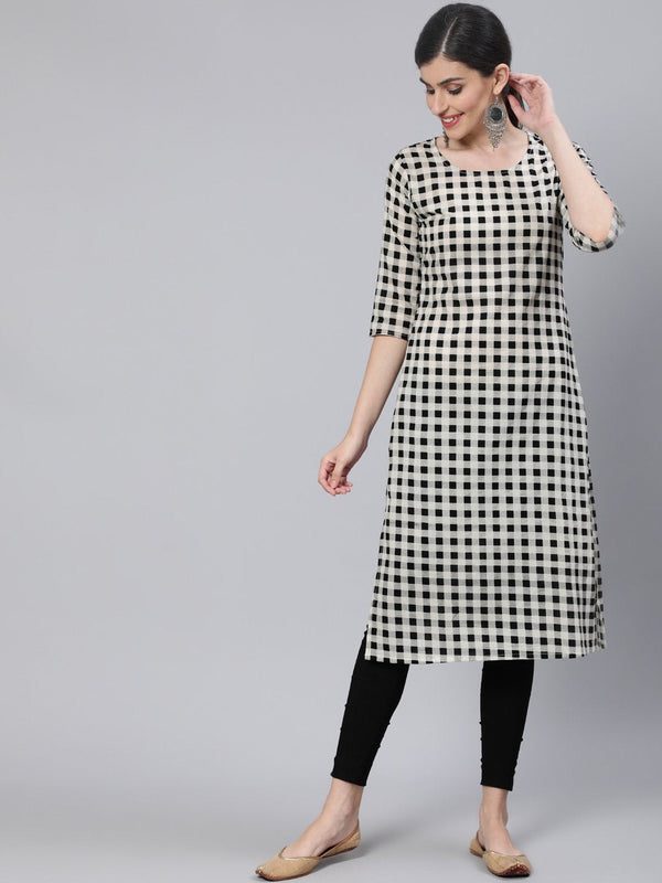 Women Black & White Checked  Straight Kurta With Three Quarter Sleeves | NOZ2TOZ - Made In INDIA.