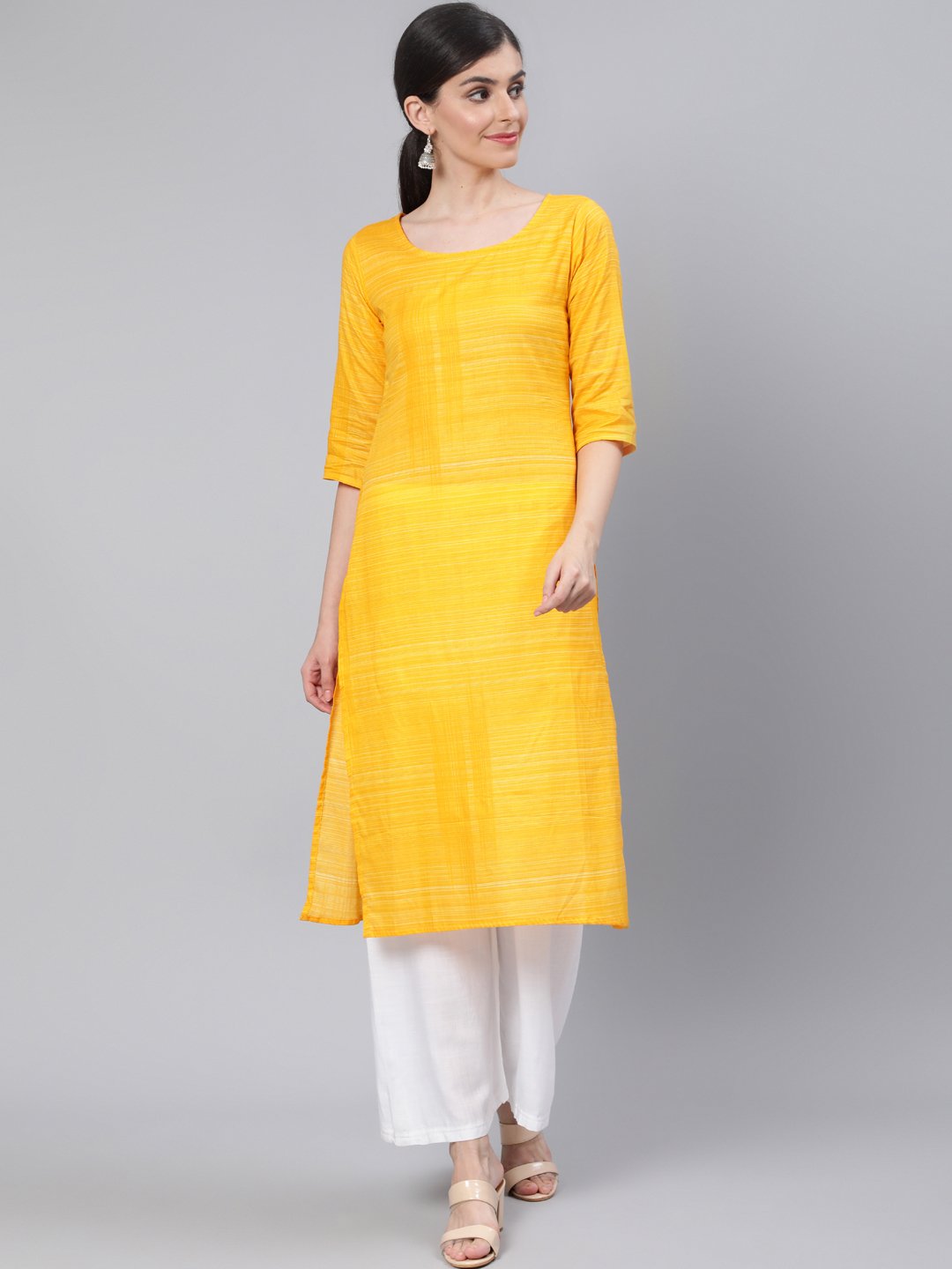 Women Yellow Straight Kurta With Three Quarter Sleeves | NOZ2TOZ - Made In INDIA.