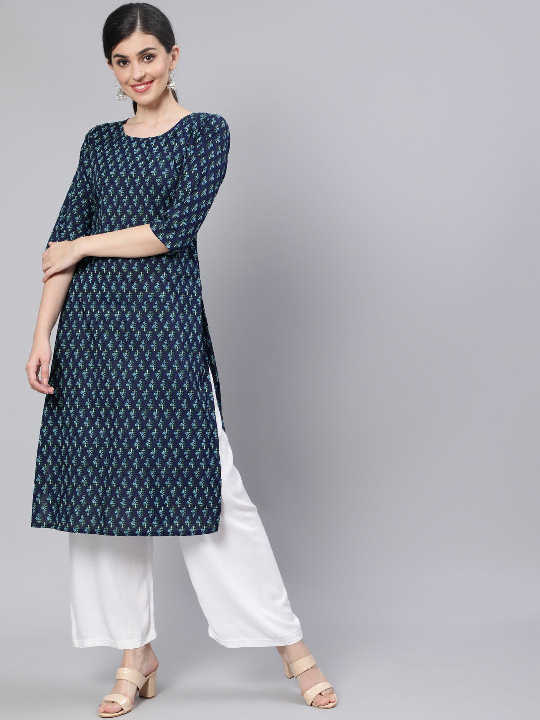 Women Navy Blue Straight Kurta With Three Quarter Sleeves | NOZ2TOZ - Made In INDIA.