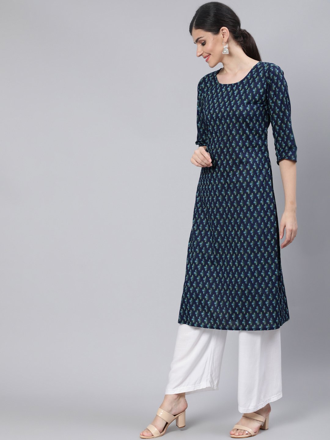 Women Navy Blue Straight Kurta With Three Quarter Sleeves | NOZ2TOZ - Made In INDIA.