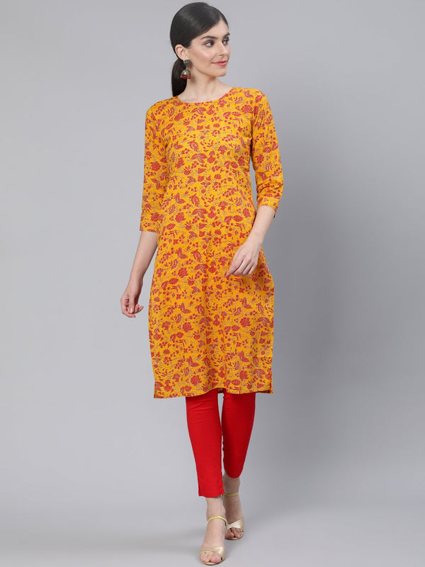 Women Mustard Floral Printed Straight Kurta With Three Quarter Sleeves | NOZ2TOZ - Made In INDIA.