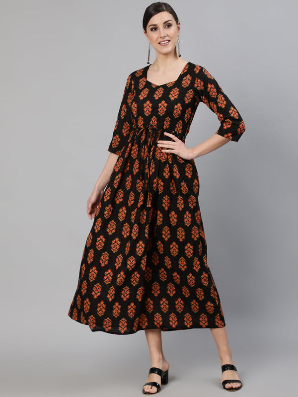 Women Black Printed Dress With Three Quarter Sleeves | NOZ2TOZ - Made In INDIA.