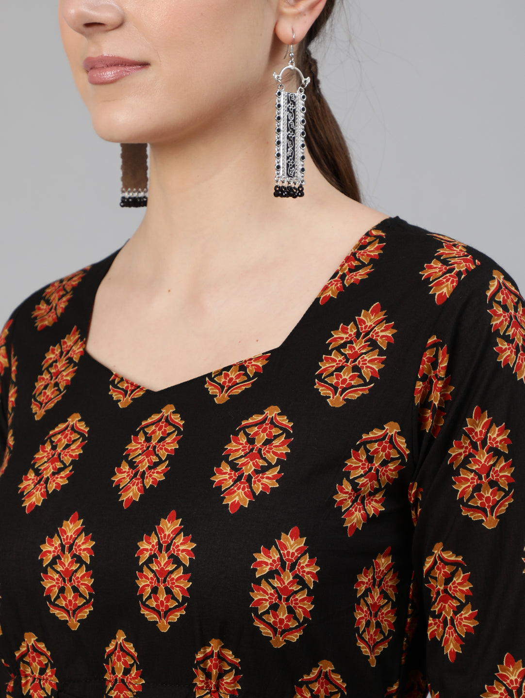 Women Black Printed Dress With Three Quarter Sleeves | NOZ2TOZ - Made In INDIA.