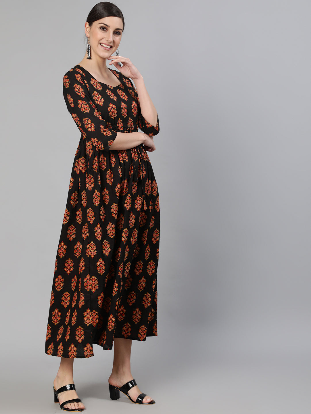 Women Black Printed Dress With Three Quarter Sleeves | NOZ2TOZ - Made In INDIA.