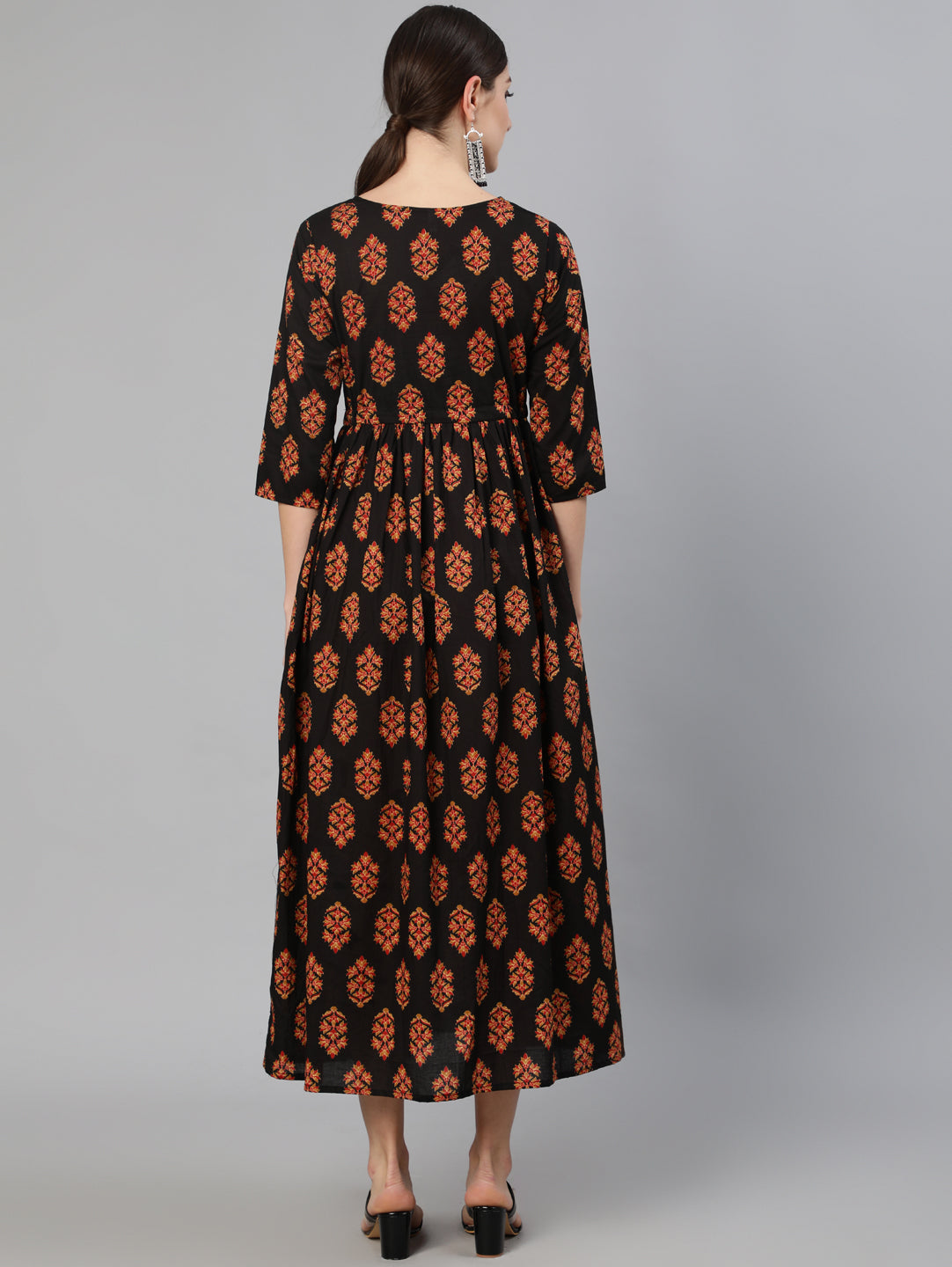 Women Black Printed Dress With Three Quarter Sleeves | NOZ2TOZ - Made In INDIA.