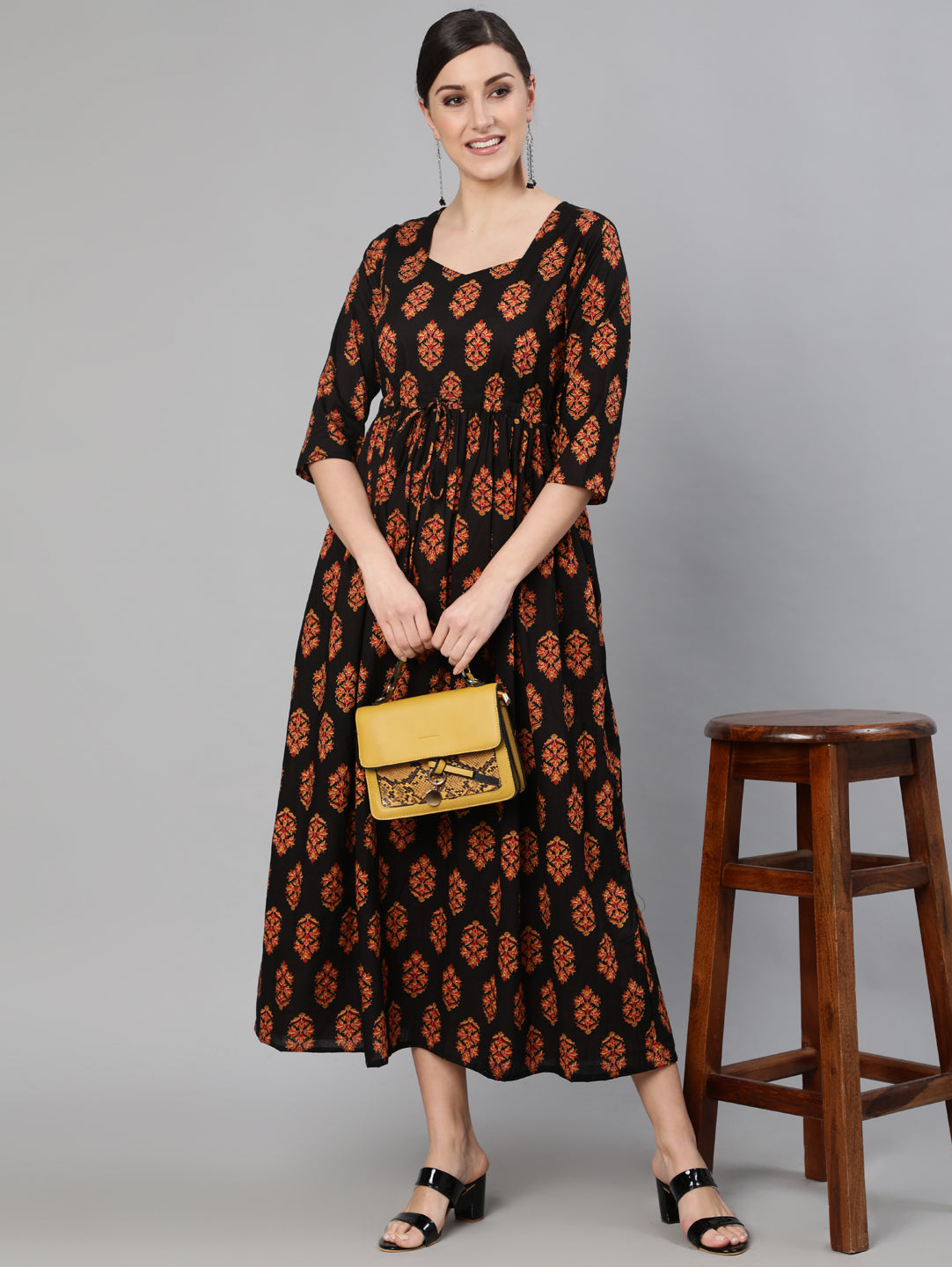 Women Black Printed Dress With Three Quarter Sleeves | NOZ2TOZ - Made In INDIA.