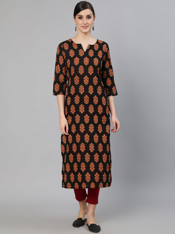 Women Black Ethnic Motif Printed Straight Kurta With Three Quarter Sleeves | NOZ2TOZ - Made In INDIA.