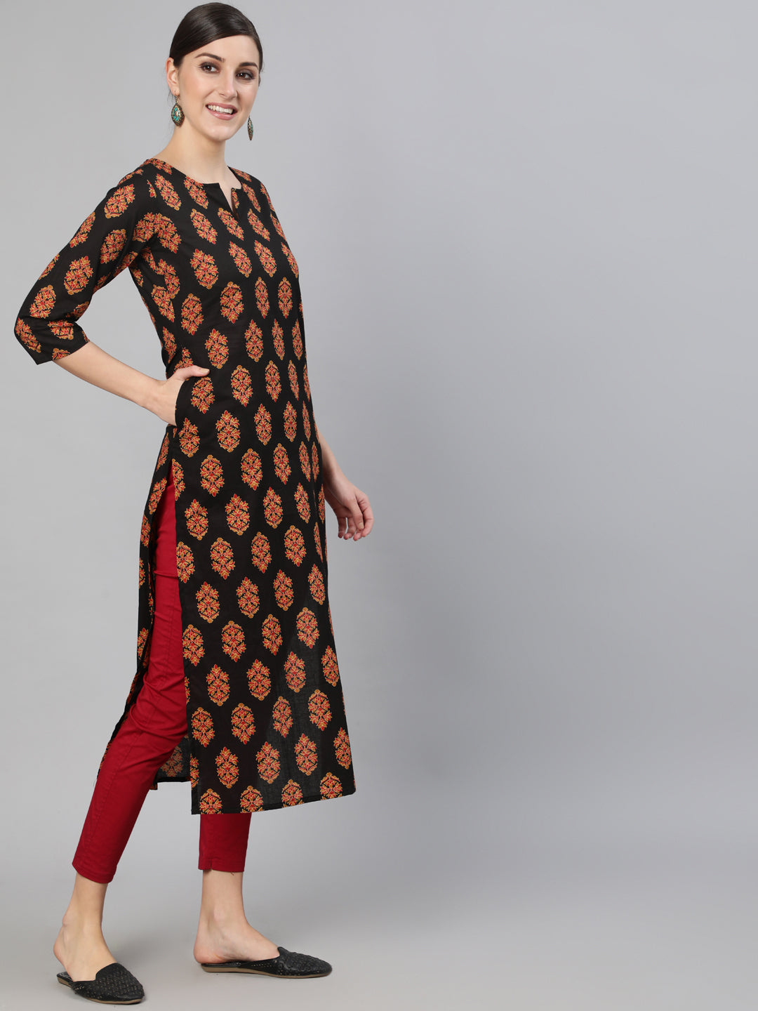 Women Black Ethnic Motif Printed Straight Kurta With Three Quarter Sleeves | NOZ2TOZ - Made In INDIA.