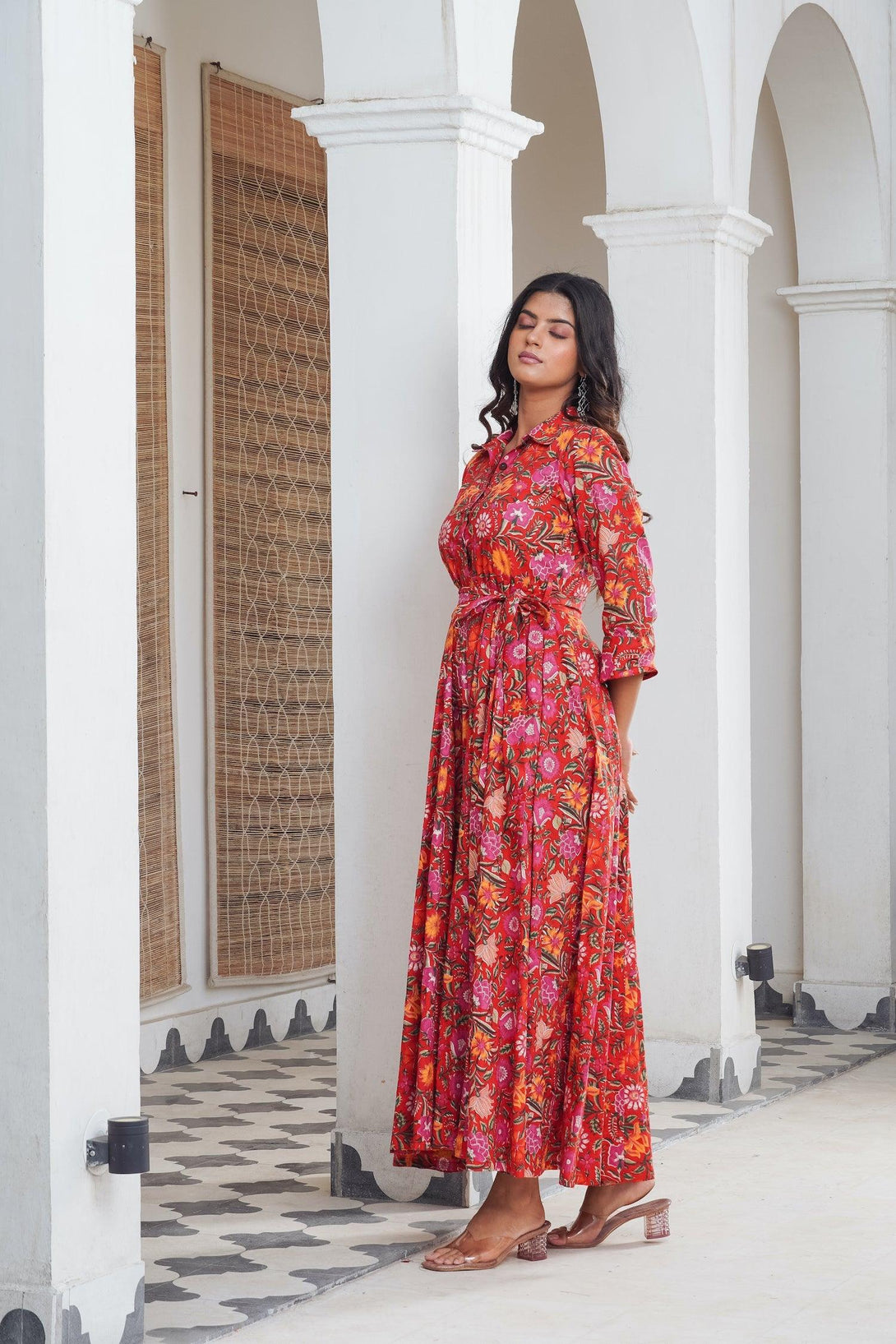 Red hand block shirt collar Maxi - Indiakreations