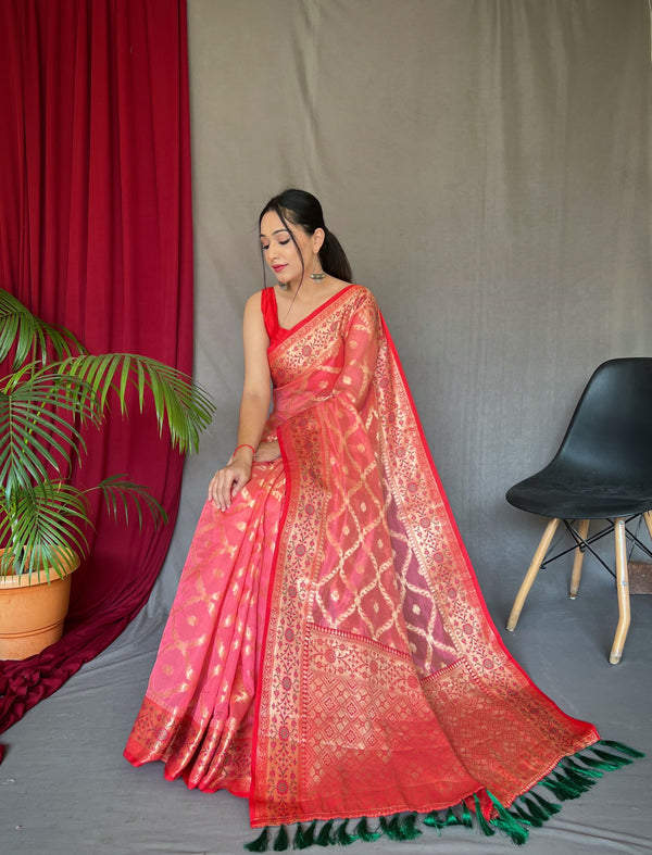 Women's Banarasi Organza Silk Woven Saree Pink - Tasarika