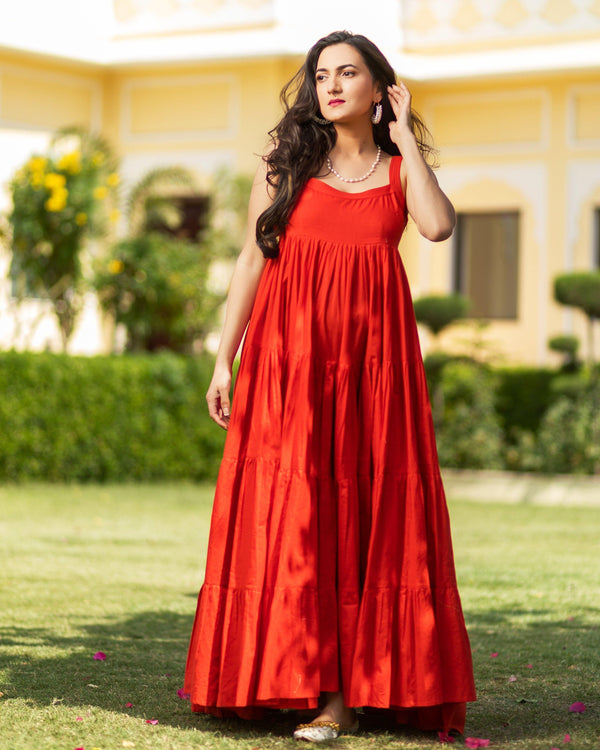 Women's Cherry Red Tyre Muslin Beach Dress - Baisacrafts - Indiakreations