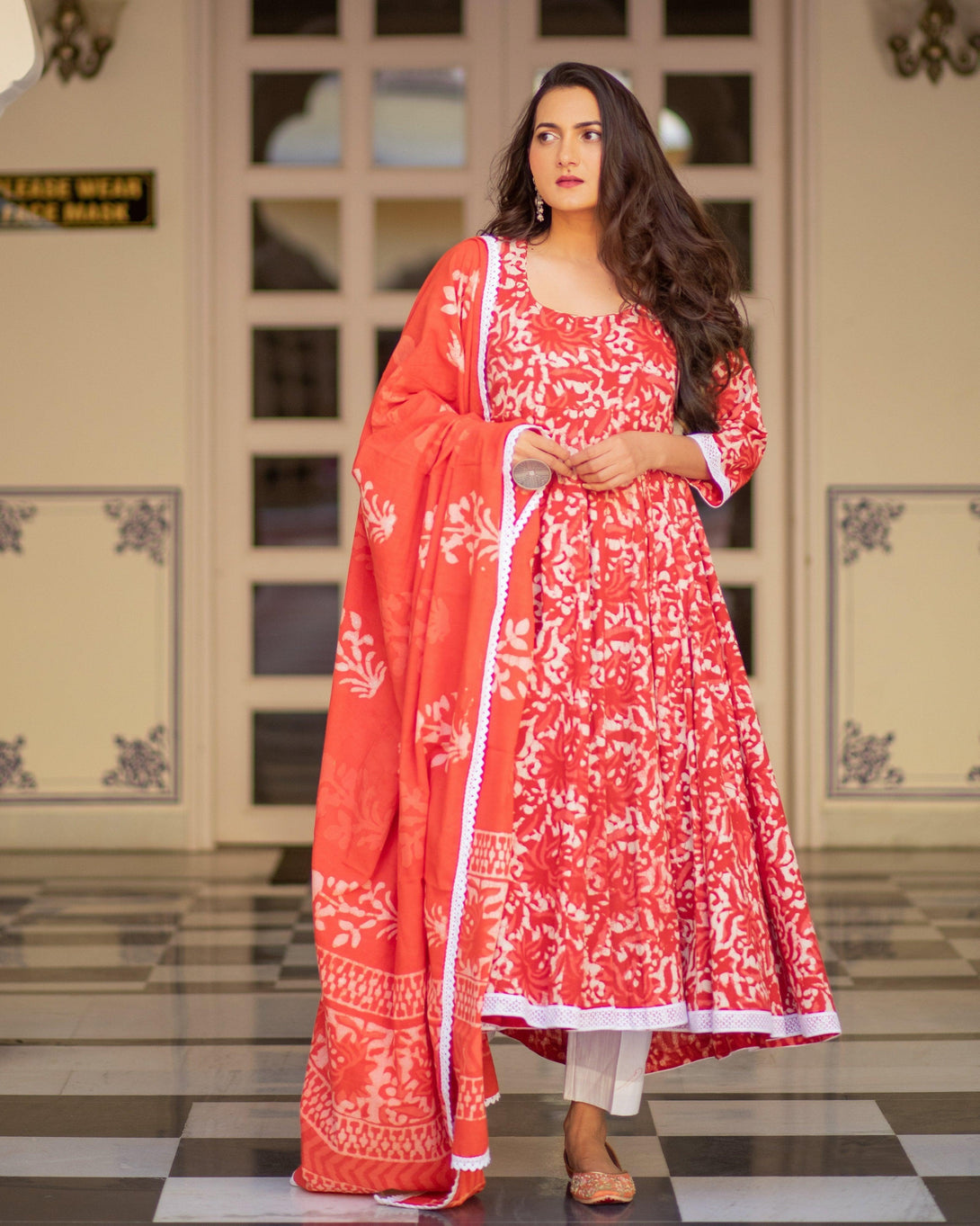 Women's Red Dabu Print Cotton Dress Set - Baisacrafts - Indiakreations