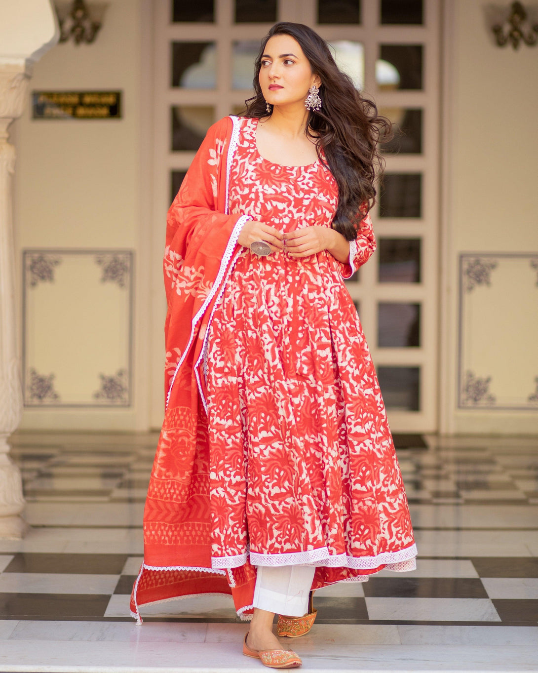 Women's Red Dabu Print Cotton Dress Set - Baisacrafts - Indiakreations