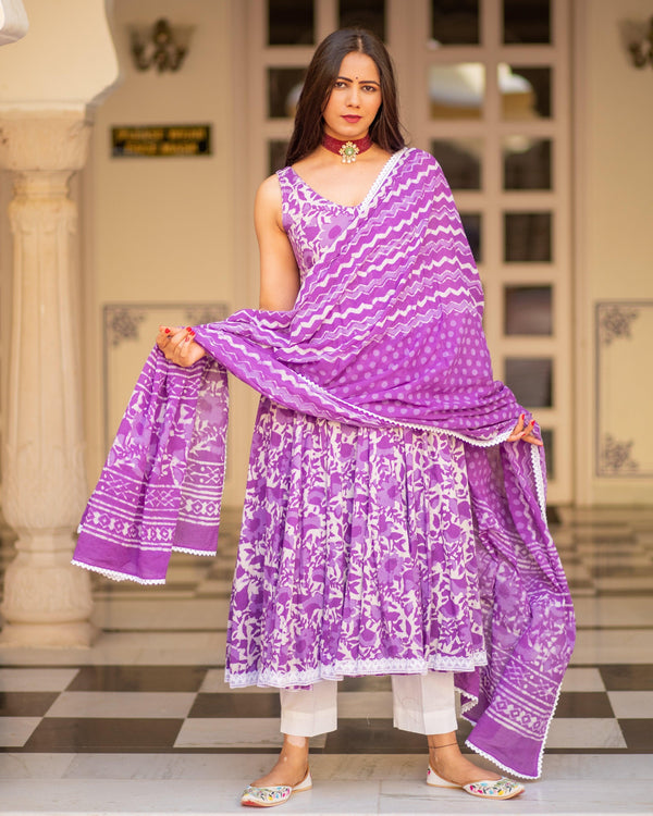 Women Purple Cotton Anarkali Kurta with Pant & Dupatta by Baisacrafts (3pcs Set) - Indiakreations