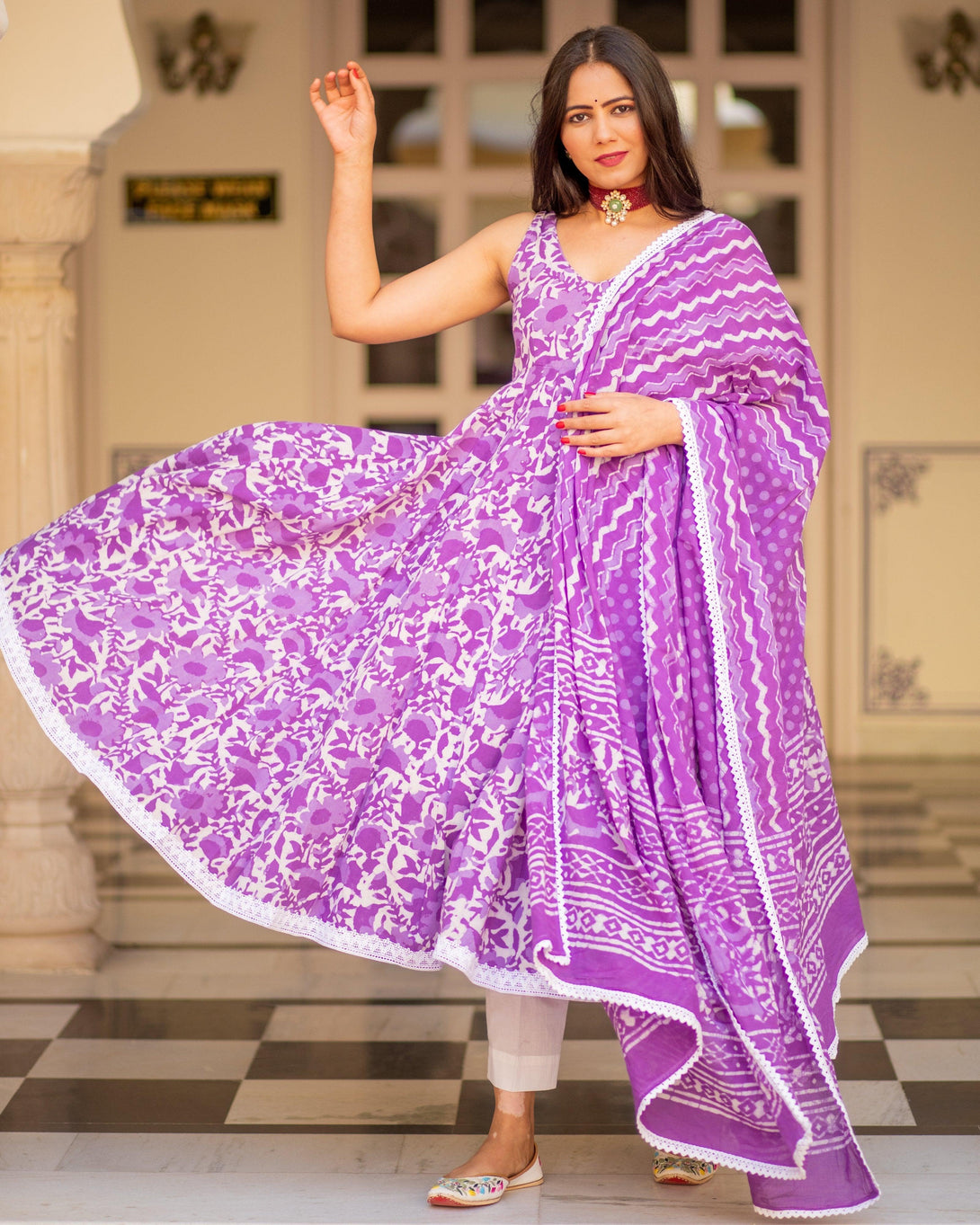 Women Purple Cotton Anarkali Kurta with Pant & Dupatta by Baisacrafts (3pcs Set) - Indiakreations