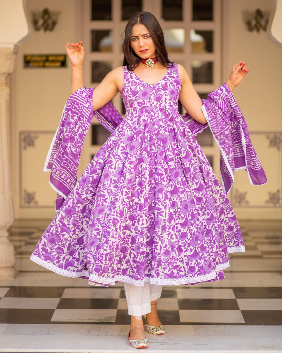 Women Purple Cotton Anarkali Kurta with Pant & Dupatta by Baisacrafts (3pcs Set) - Indiakreations