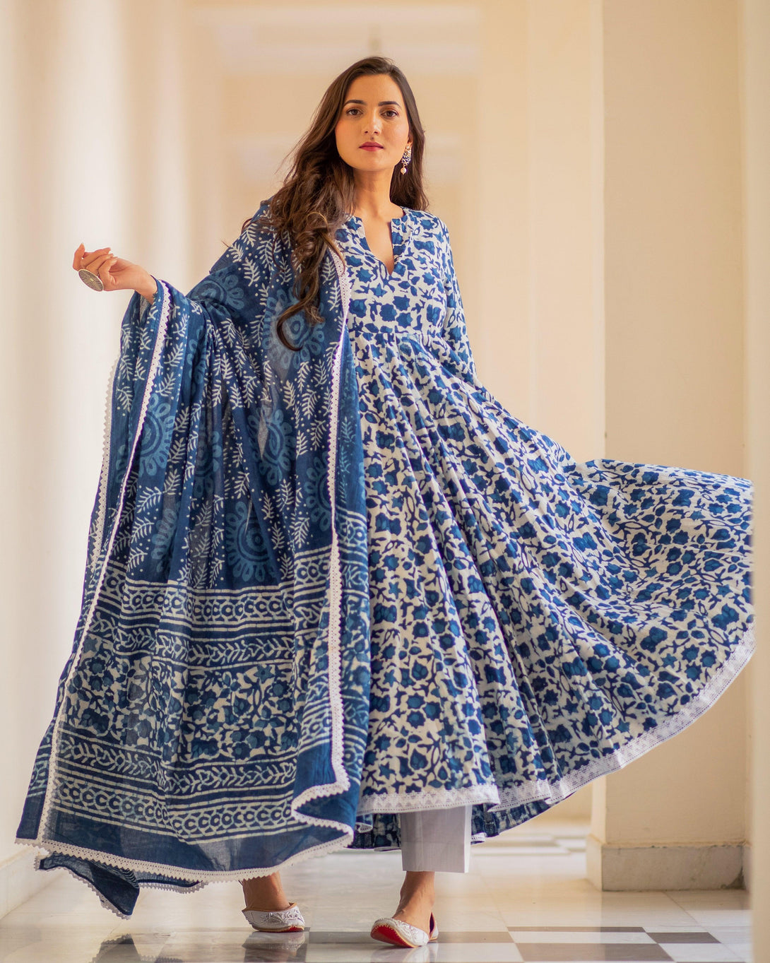 Women Indigo Blue Anarkali Kurta with Pant & Dupatta by Baisacrafts (3pcs Set) - Indiakreations