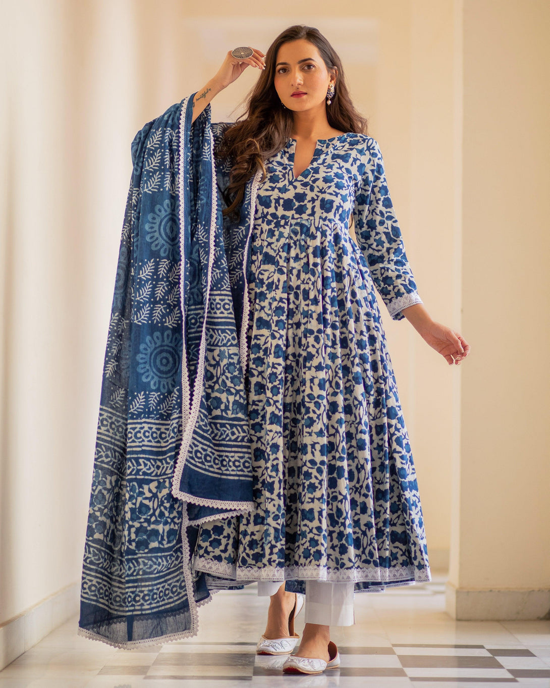 Women Indigo Blue Anarkali Kurta with Pant & Dupatta by Baisacrafts (3pcs Set) - Indiakreations