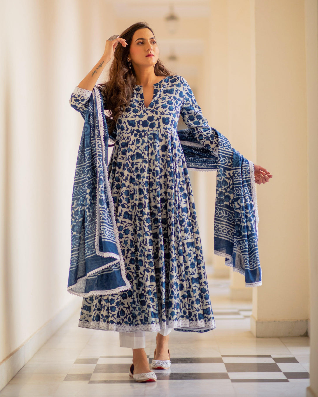 Women Indigo Blue Anarkali Kurta with Pant & Dupatta by Baisacrafts (3pcs Set) - Indiakreations