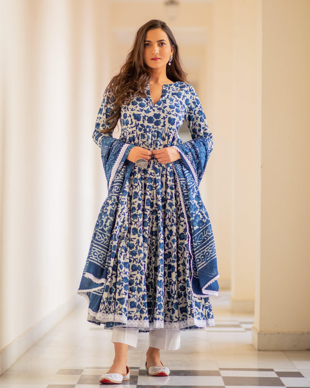 Women Indigo Blue Anarkali Kurta with Pant & Dupatta by Baisacrafts (3pcs Set) - Indiakreations