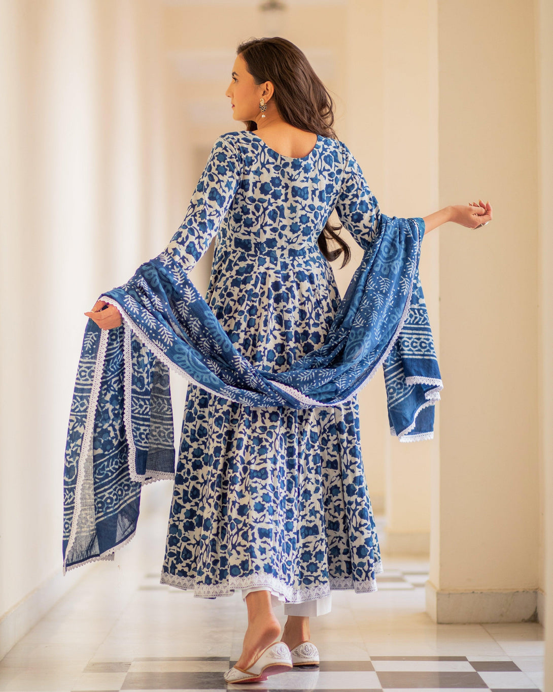 Women Indigo Blue Anarkali Kurta with Pant & Dupatta by Baisacrafts (3pcs Set) - Indiakreations