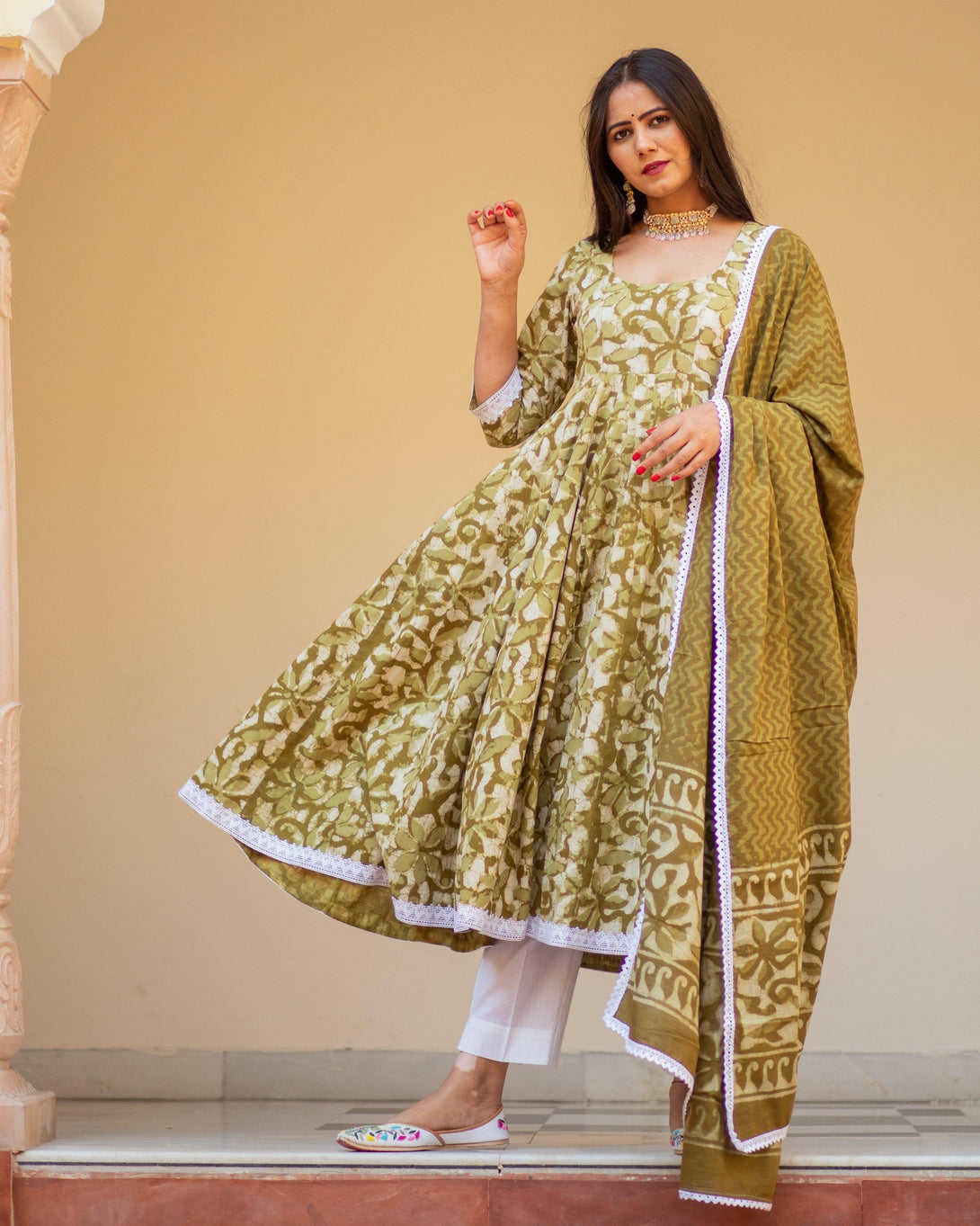 Women's Green Anarkali suit set with Pants & Dupatta by Baisacrafts - (3pcs set) - Indiakreations