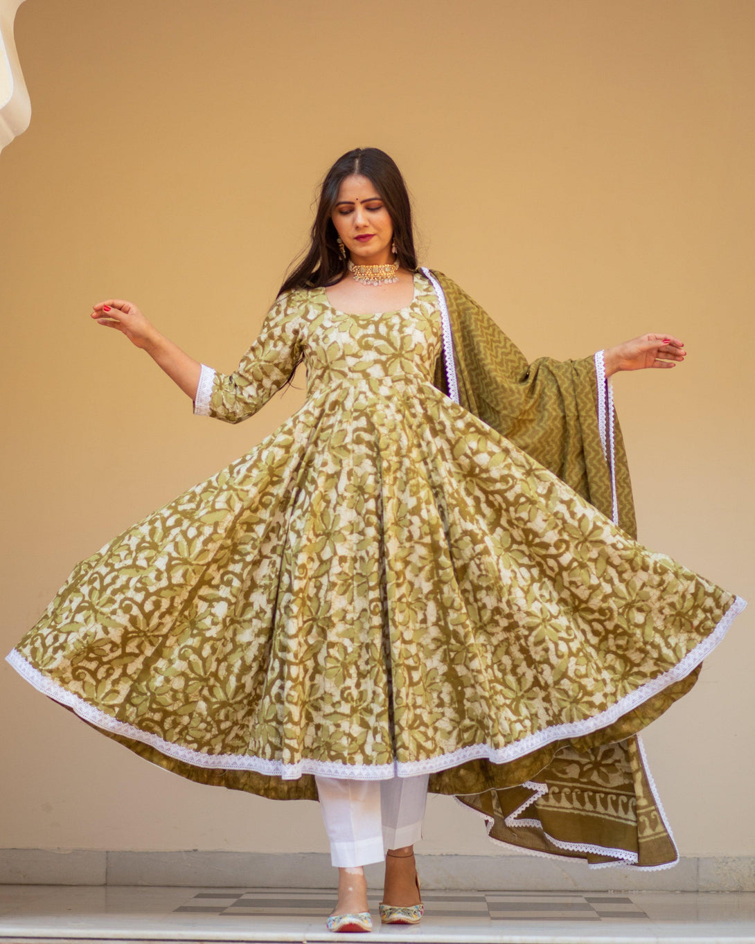 Women's Green Anarkali suit set with Pants & Dupatta by Baisacrafts - (3pcs set) - Indiakreations