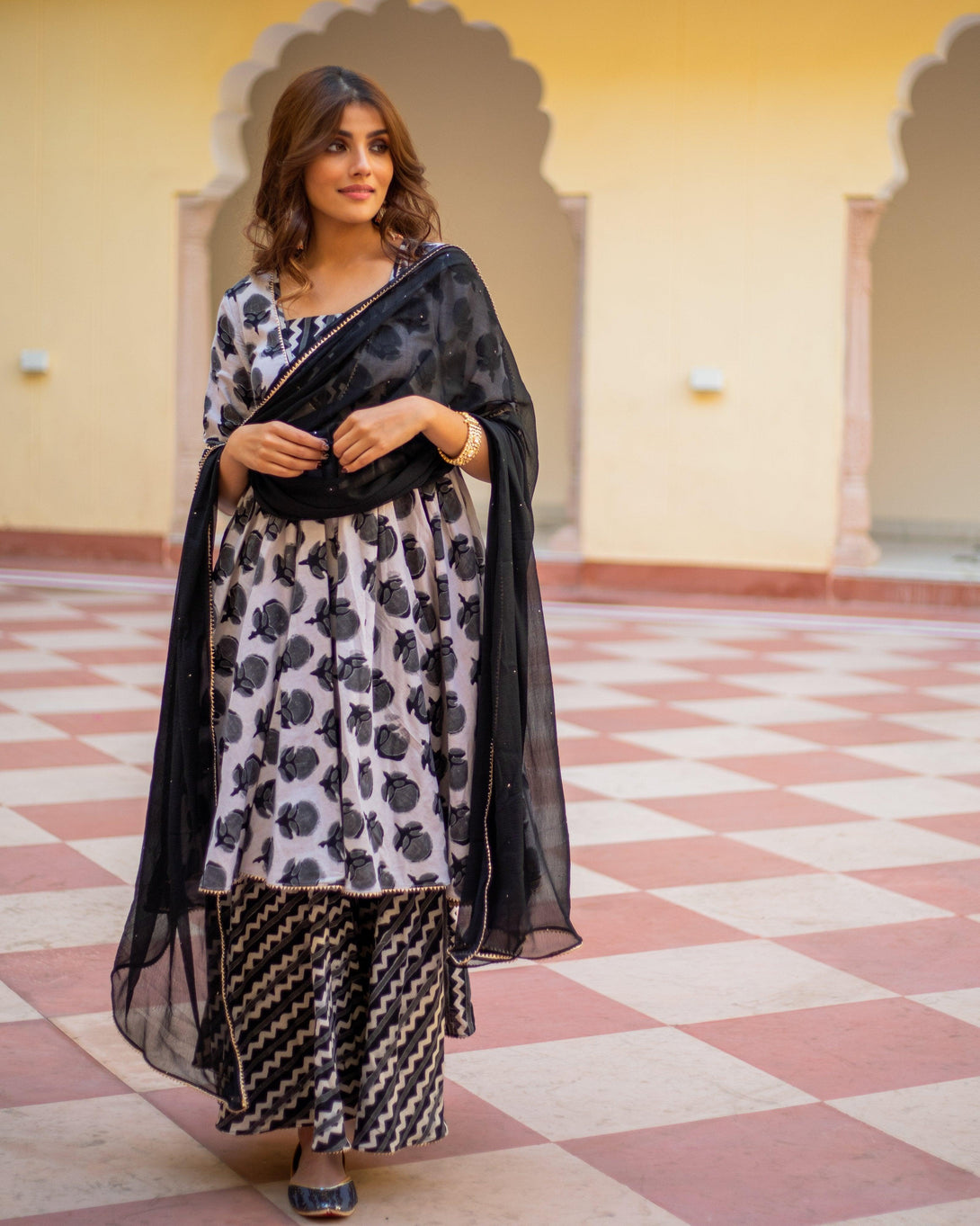 Women's Huma Dabu Print Cotton Sharara Set - Baisacrafts - Indiakreations