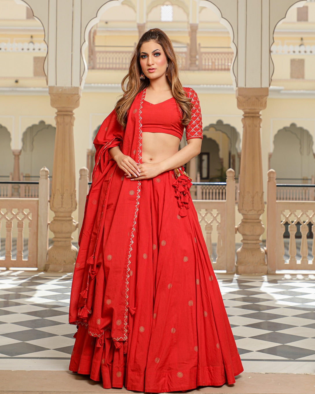 Women Red Lehenga Set for Women by Baisacrafts (3 Pc Set) - Indiakreations