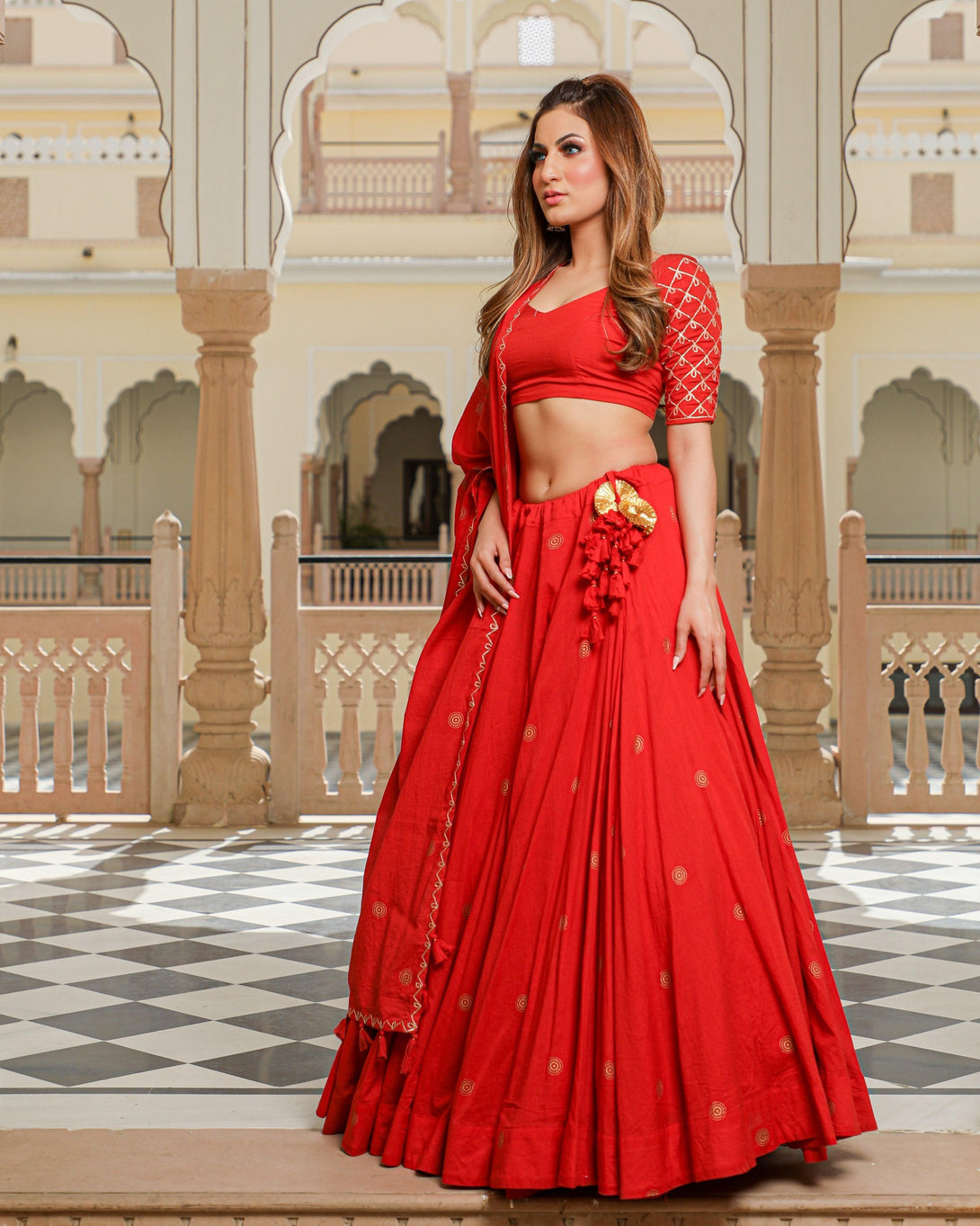 Women Red Lehenga Set for Women by Baisacrafts (3 Pc Set) - Indiakreations