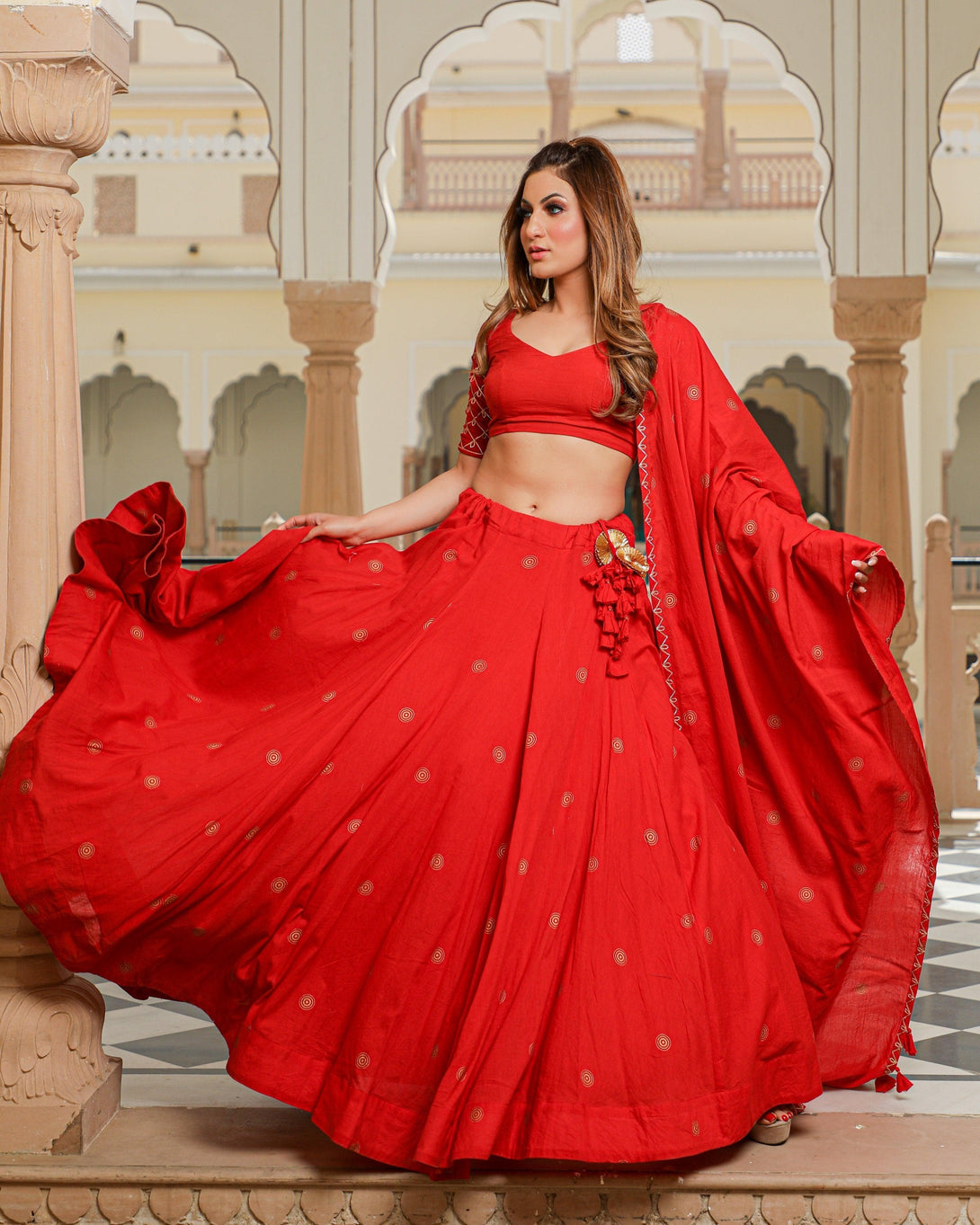 Women Red Lehenga Set for Women by Baisacrafts (3 Pc Set) - Indiakreations