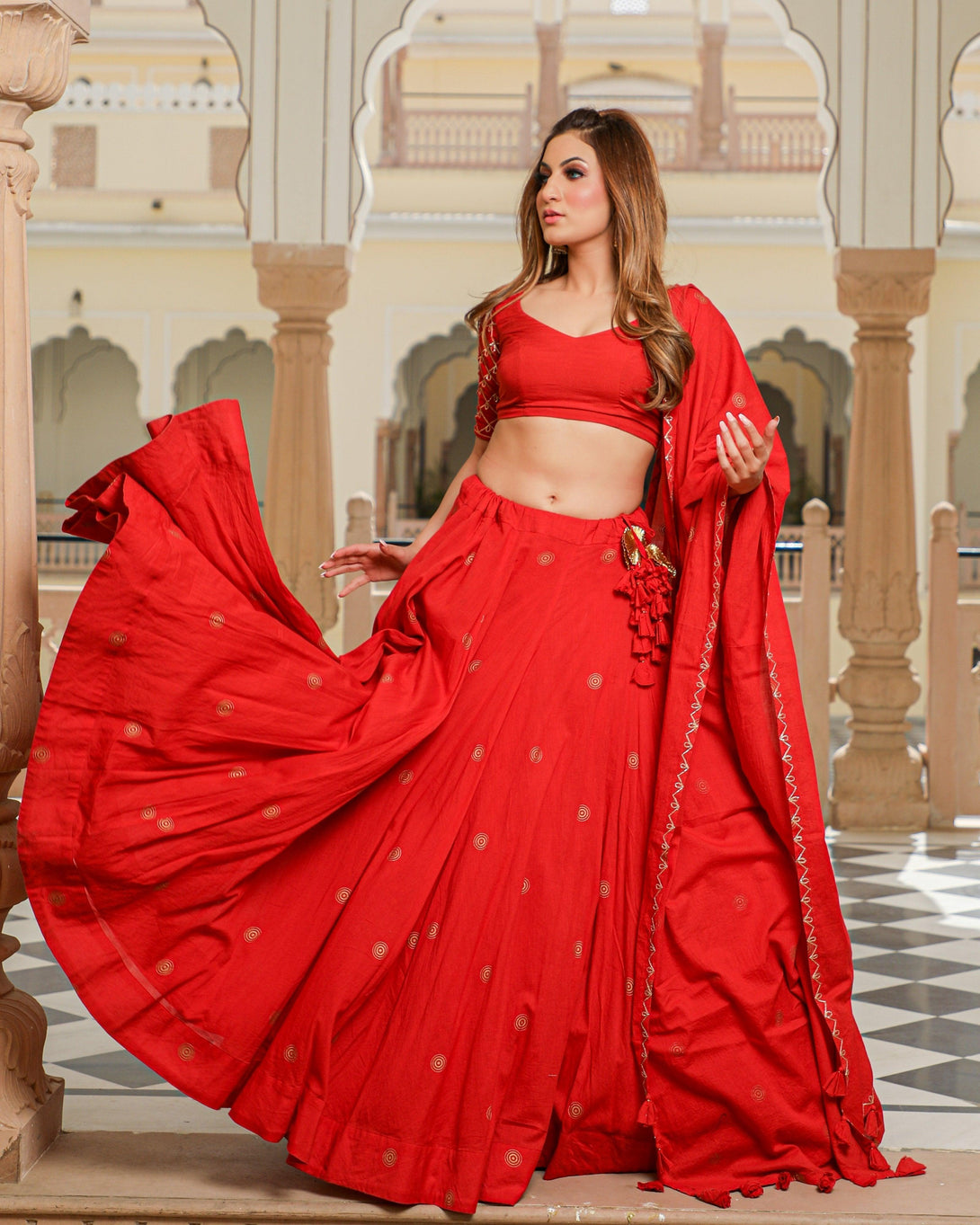 Women Red Lehenga Set for Women by Baisacrafts (3 Pc Set) - Indiakreations