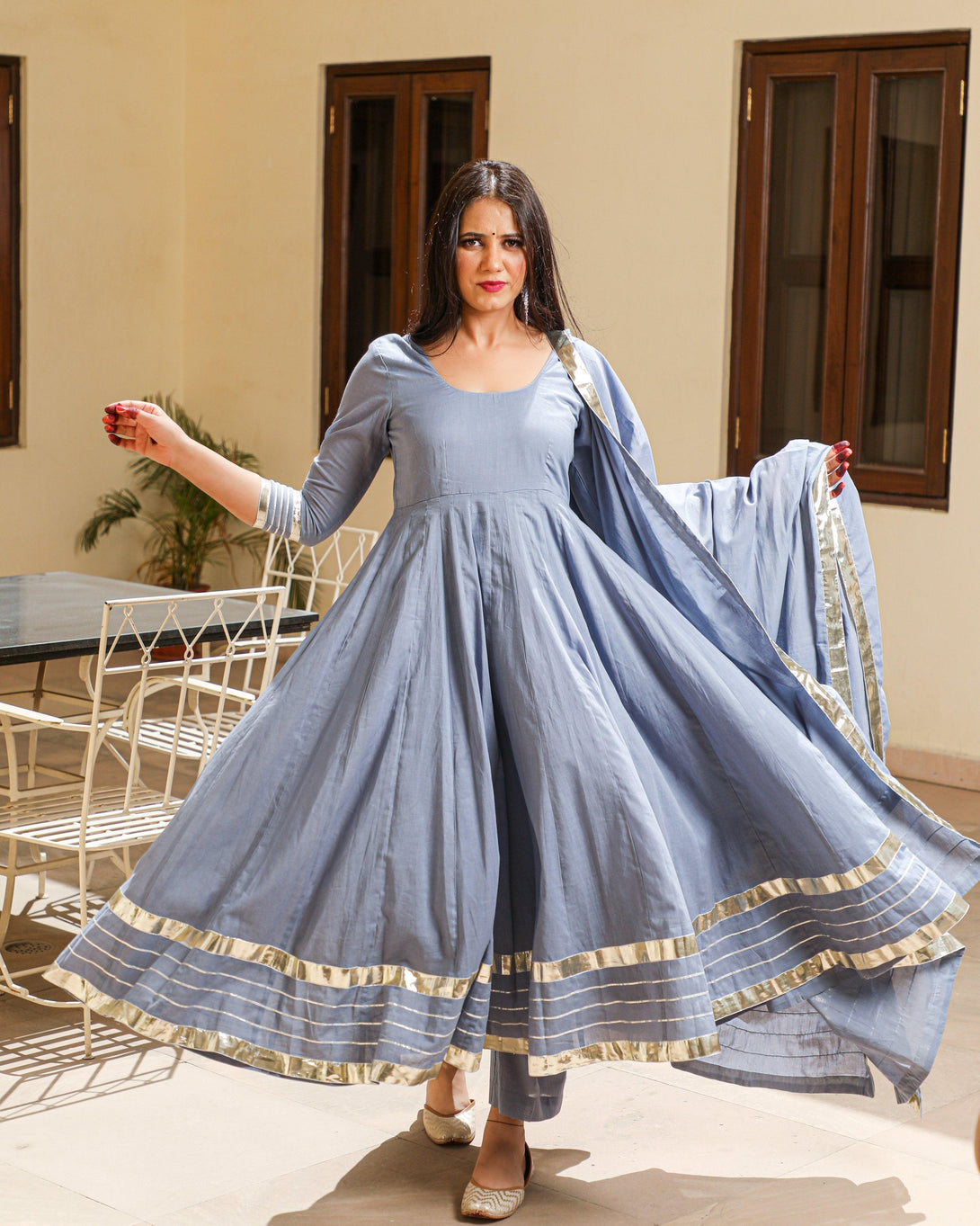 Women's Cotton Anarkali suit set with Pants & Dupatta by Baisacrafts- (3pcs set) - Indiakreations