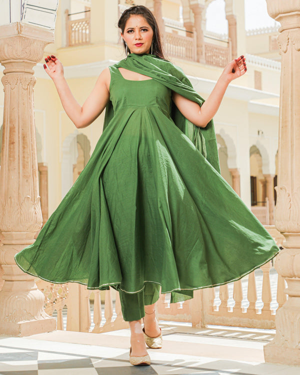 Women Green Anarkali Kurta with Pant & Dupatta by Baisacrafts (3pcs Set) - Indiakreations