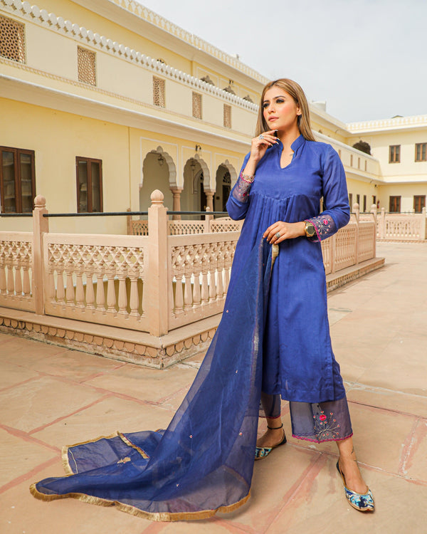 Women's Royal Blue Embroidery Modal Suit Set - Baisacrafts - Indiakreations