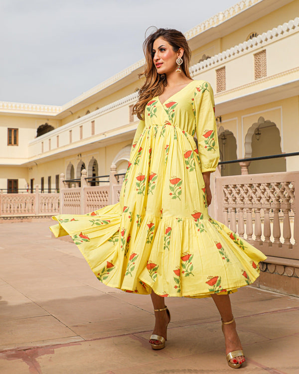 Women's Yellow Block Butta Print Dress - Baisacrafts - Indiakreations