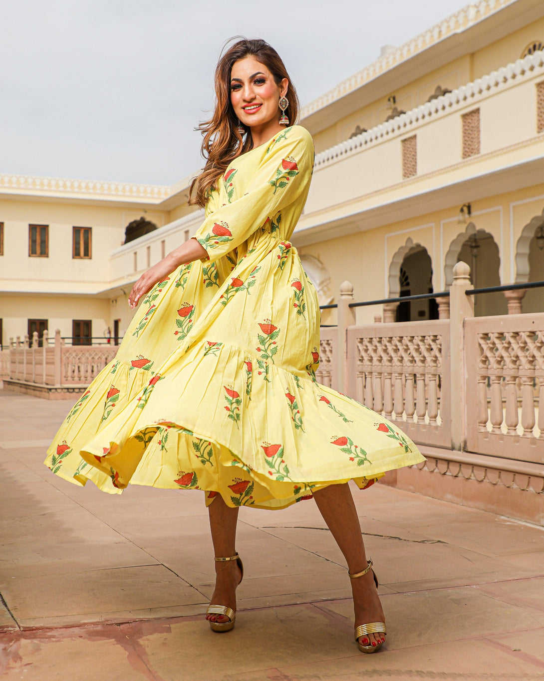 Women's Yellow Block Butta Print Dress - Baisacrafts - Indiakreations