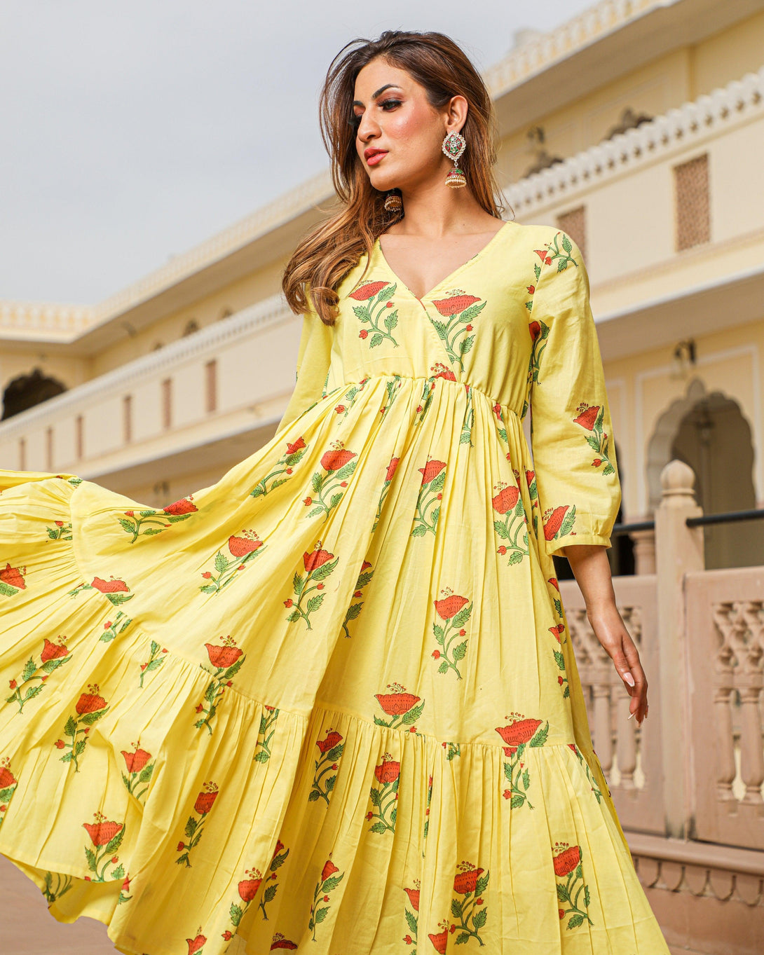 Women's Yellow Block Butta Print Dress - Baisacrafts - Indiakreations