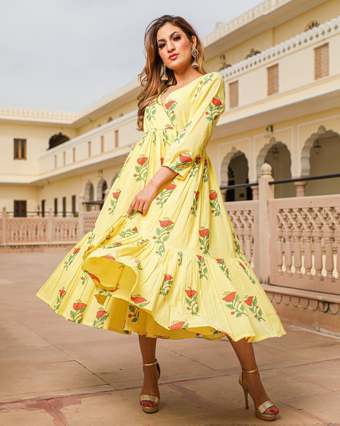 Women's Yellow Block Butta Print Dress - Baisacrafts - Indiakreations