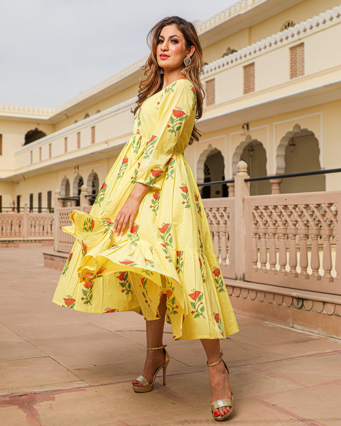 Women's Yellow Block Butta Print Dress - Baisacrafts - Indiakreations