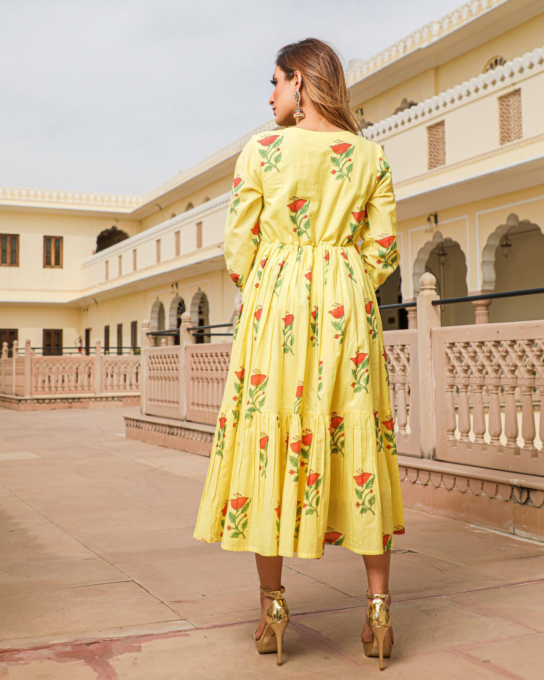 Women's Yellow Block Butta Print Dress - Baisacrafts - Indiakreations