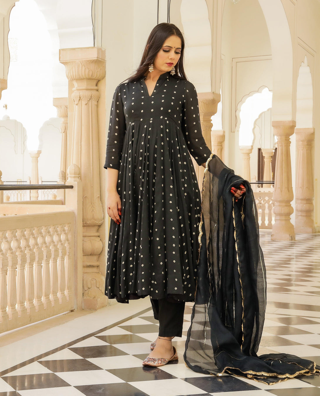 Women's Black Bandhej Modal Anarkali Kurta Pant Dupatta Set - Baisacrafts - Indiakreations