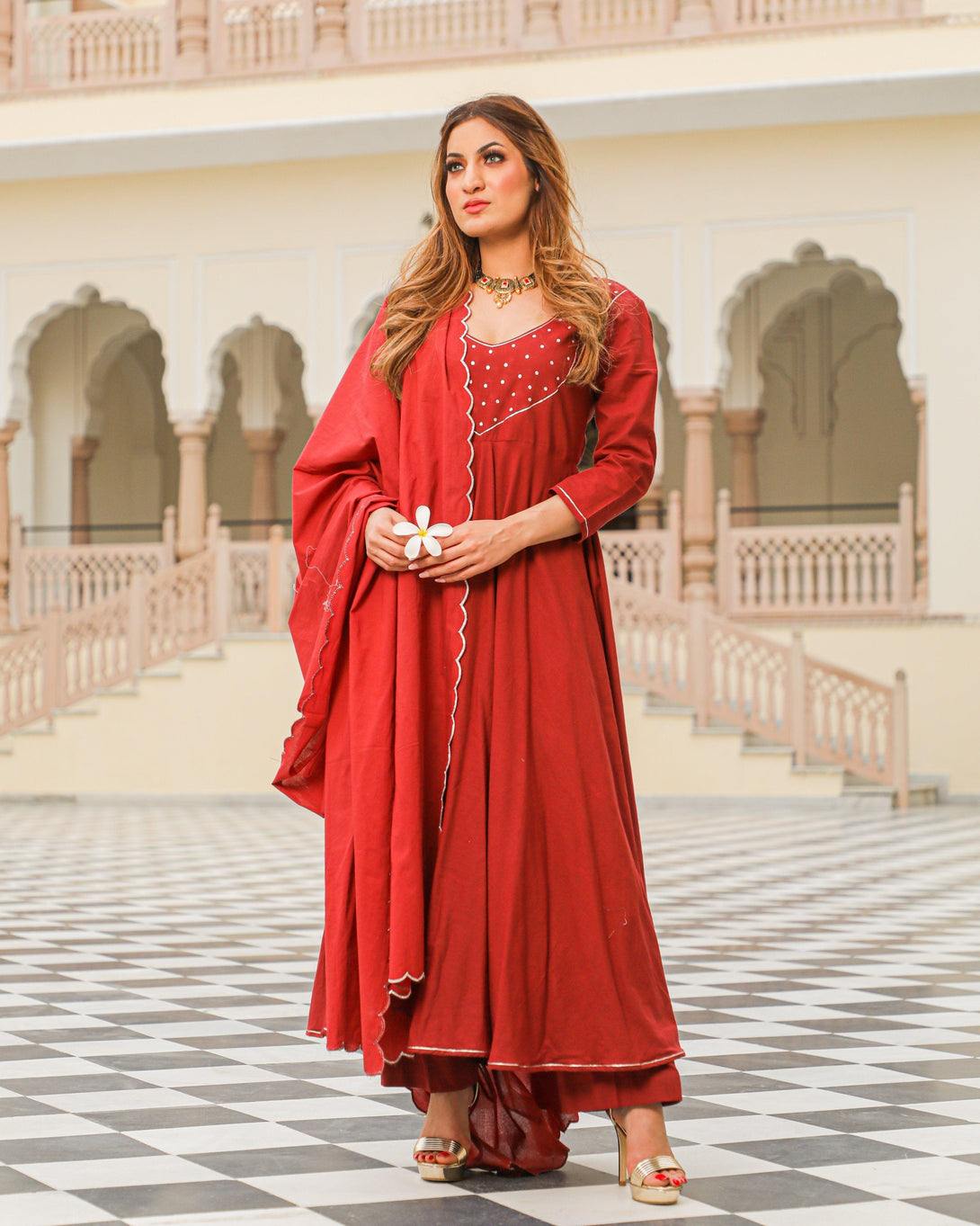 Women Maroon Anarkali Kurta with Pant & Dupatta by Baisacrafts (3pcs Set) - Indiakreations